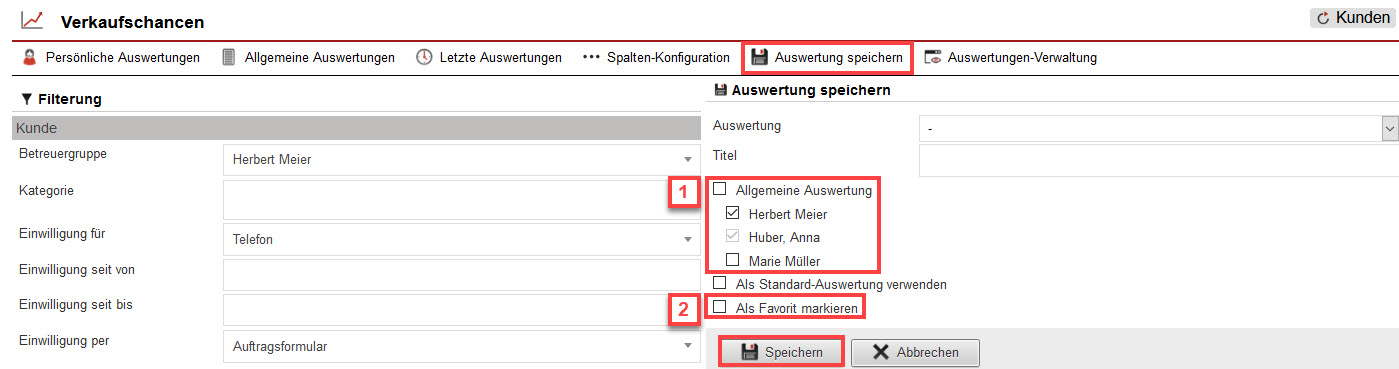 Screenshot geöffneter Eingabebereich zur Funktion „Auswertung speichern“ mit markierten Einstellungsoptionen