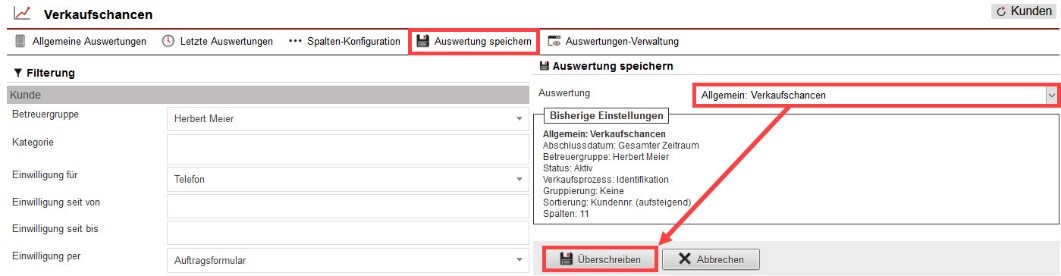 Screenshot geöffneter Eingabebereich zur Funktion „Auswertung speichern“ mit markiertem Auswahlfeld