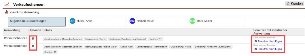 Screenshot geöffnete Auswertungen-Verwaltung unter „Allgemeine Auswertungen“ mit markierten Funktionen „Auswertung löschen“ und „Benutzer hinzufügen“