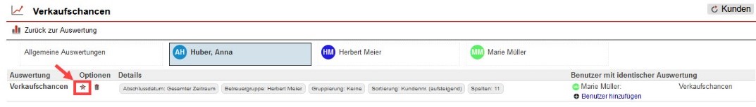 Screenshot geöffnete Auswertungen-Verwaltung unter einem einzelnen Benutzer mit markierter Funktion „als Favorit markieren“