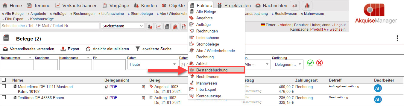 Screenshot Hauptmenüleiste mit markiertem Button „Warenbestandsbuchungen“ unter dem Punkt „Faktura“