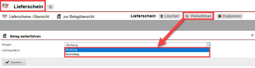 Screenshot geöffneter Lieferschein mit markierten Optionen im Bereich „Beleg weiterführen“