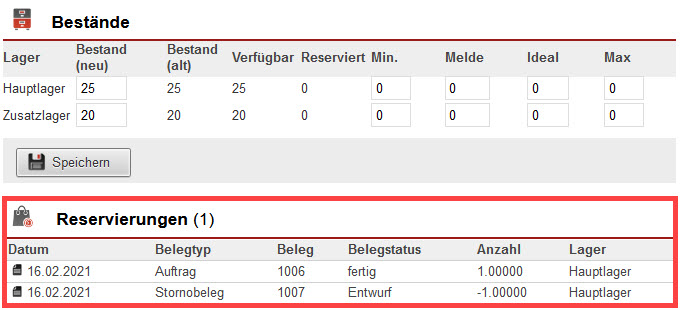 Screenshot der geöffneten Bestandsübersicht mit markierter Reservierungsübersicht