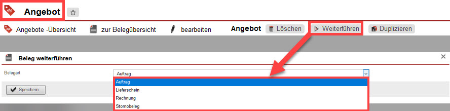 Screenshot geöffnetes Angebot mit markierten Optionen im Bereich „Beleg weiterführen“