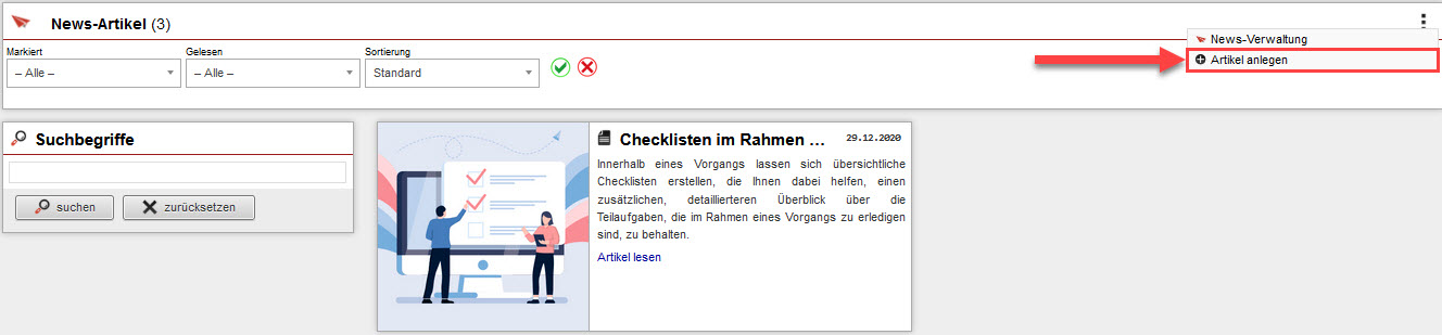 Screenshot geöffneter News-Bereich mit markierter Option „Artikel anlegen“