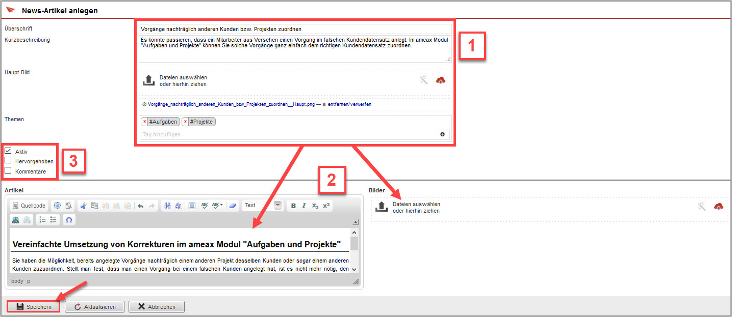Screenshot geöffneter Bereich zur Anlage eines Artikels mit markierten Eingabemöglichkeiten