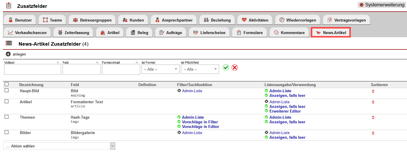 Screenshot geöffneter Einstellungsbereich „News-Artikel Zusatzfelder“