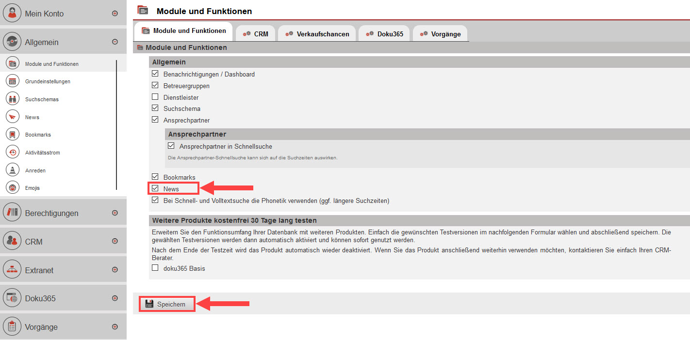 Screenshot geöffneter Einstellungsbereich „Module und Funktionen“ mit markierter Option zur Aktivierung des News-Moduls