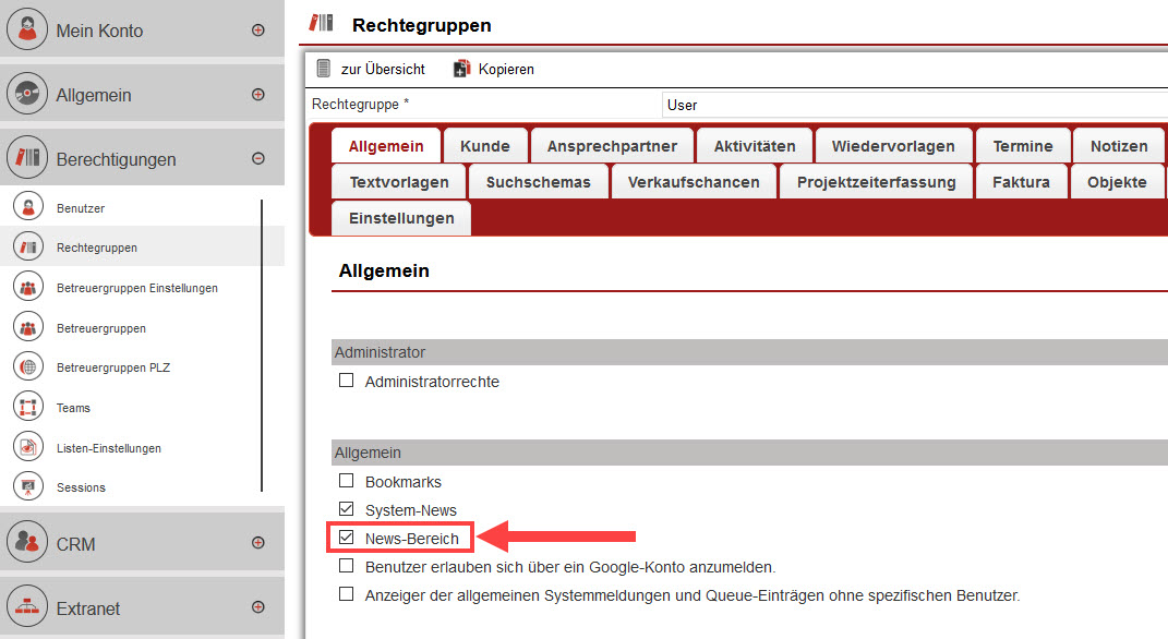 Screenshot geöffneter Einstellungsbereich „Berechtigungen“ mit markierter Option zur Aktivierung des Zugriffs der Benutzer auf das News-Modul