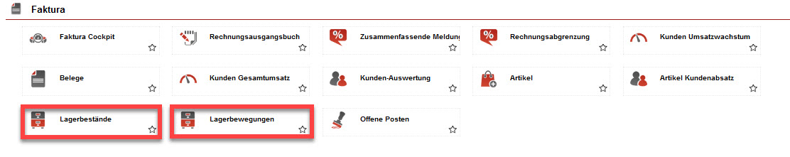 Screenshot Statistikbereich mit markierten Auswertungsoptionen "Lagerbestände" und "Lagerbewegungen"