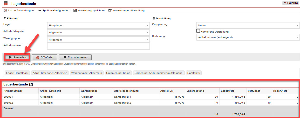 Screenshot geöffneter Statistikbereich zur Auswertung der Lagerbestände mit markierter Beispielstatistik