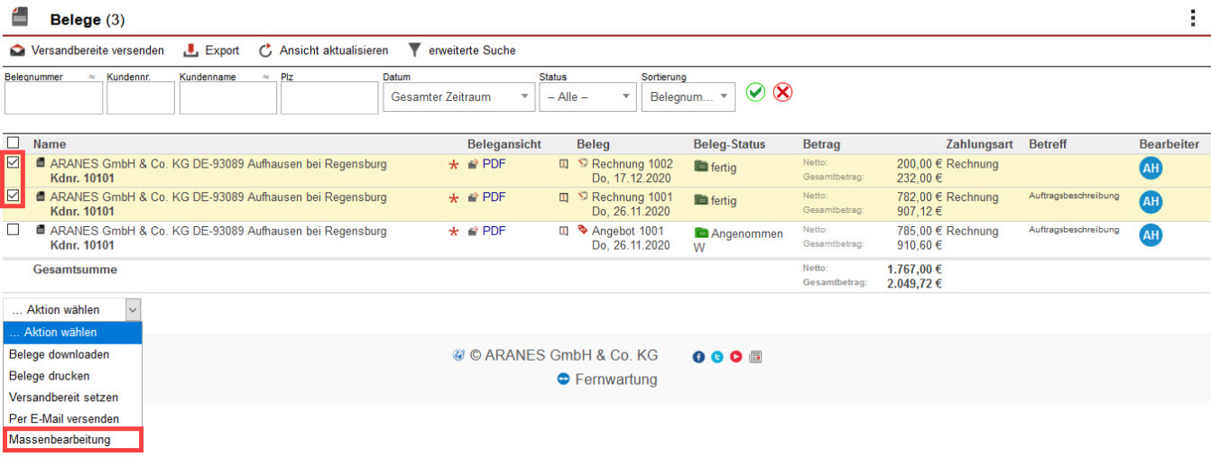 Screenshot Belegliste mit markierter Option „Massenbearbeitung“ für Auswahl der Trefferliste