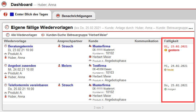 Screenshot geöffnetes Dashboard mit markierter Spalte „Fälligkeit“