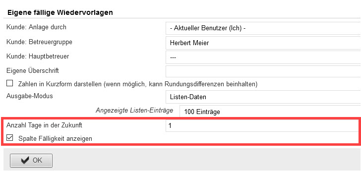 Screenshot geöffneter Einstellungsbereich zum Container „Eigene fällige Wiedervorlagen“ mit markierten Einstellungsoptionen