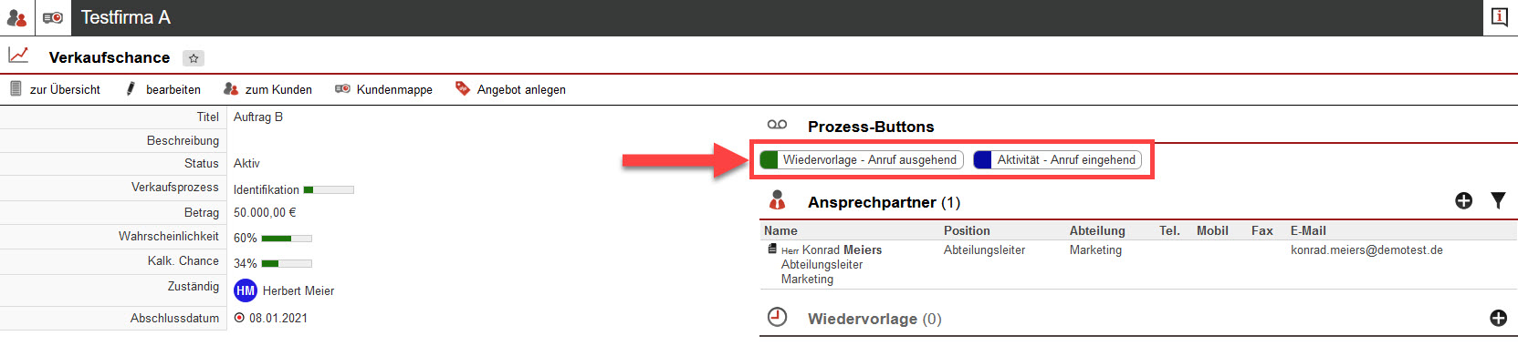 Screenshot geöffnete Verkaufschance mit markierten Prozess-Buttons