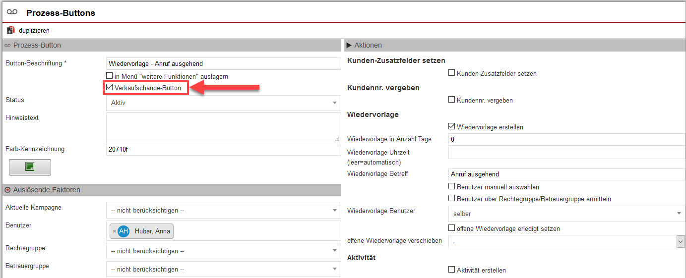 Screenshot geöffneter Einstellungsbereich für einen Prozess-Button am Beispiel einer Wiedervorlage mit markierter Option „Verkaufschance-Button“