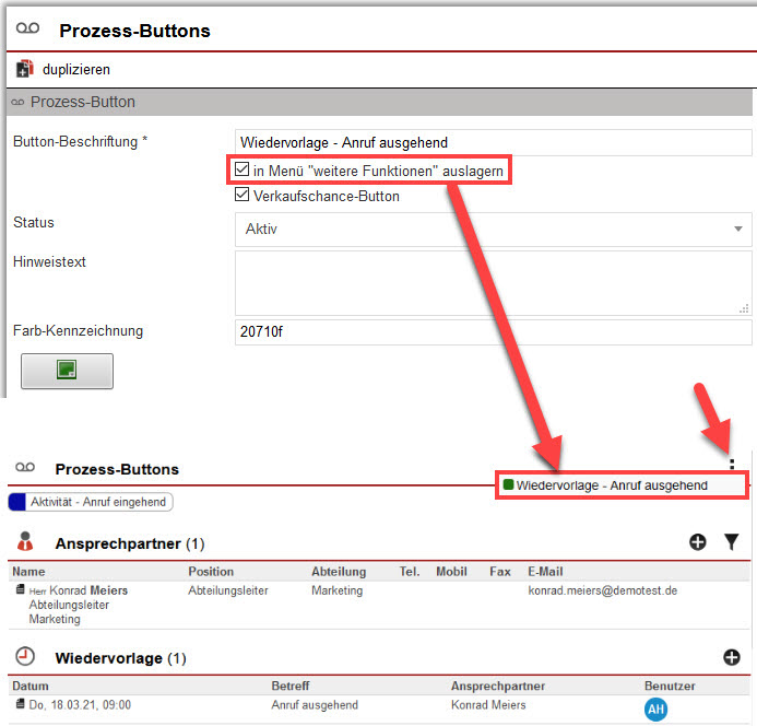 Screenshot geöffneter Einstellungsbereich für einen Prozess-Button mit markierter Option, Prozess-Buttons in das Menü „weitere Funktionen“ auszulagern