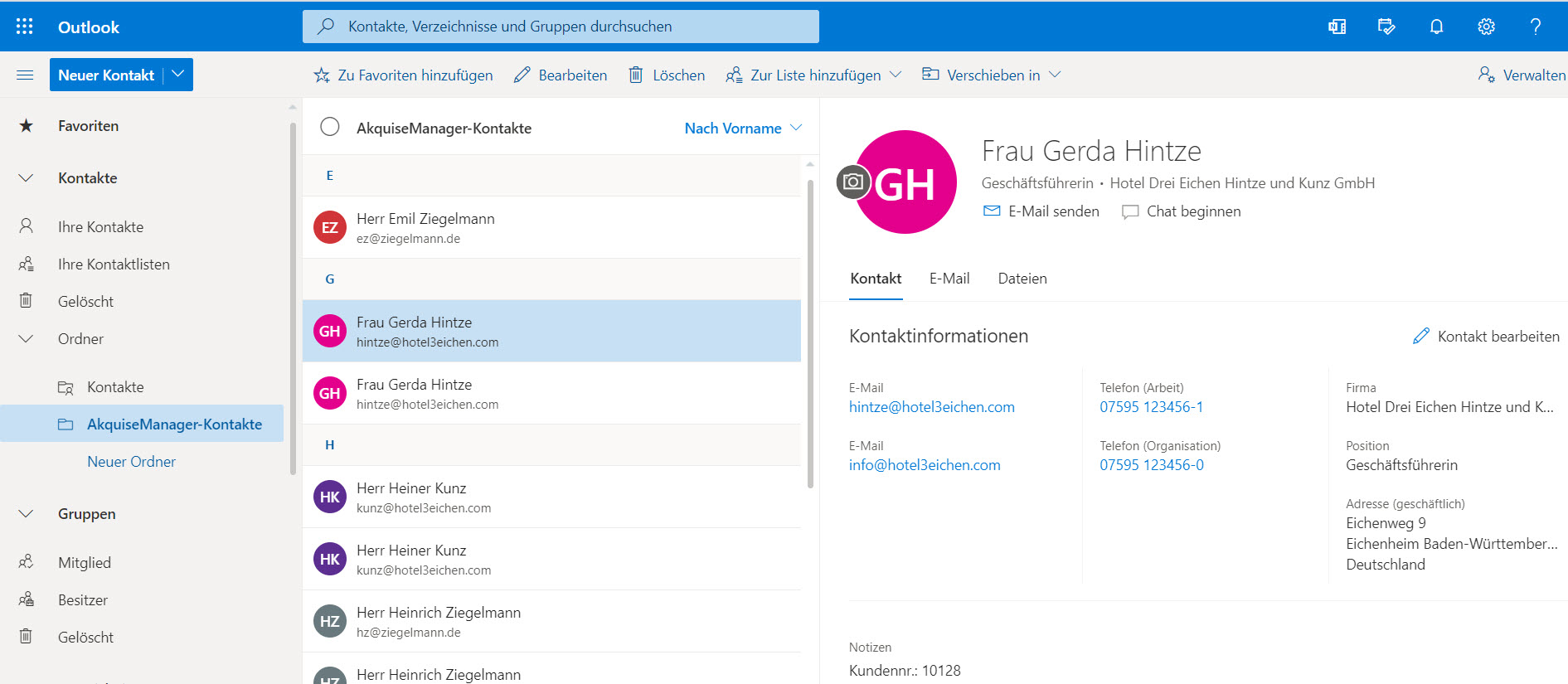 Screenshot Outlook mit geöffnetem Ordner für AkquiseManager-Kontakte