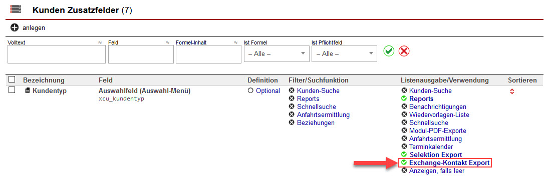 Screenshot geöffneter Zusatzfelder-Einstellungsbereich mit markierter Option "Exchange-Kontakt Export"