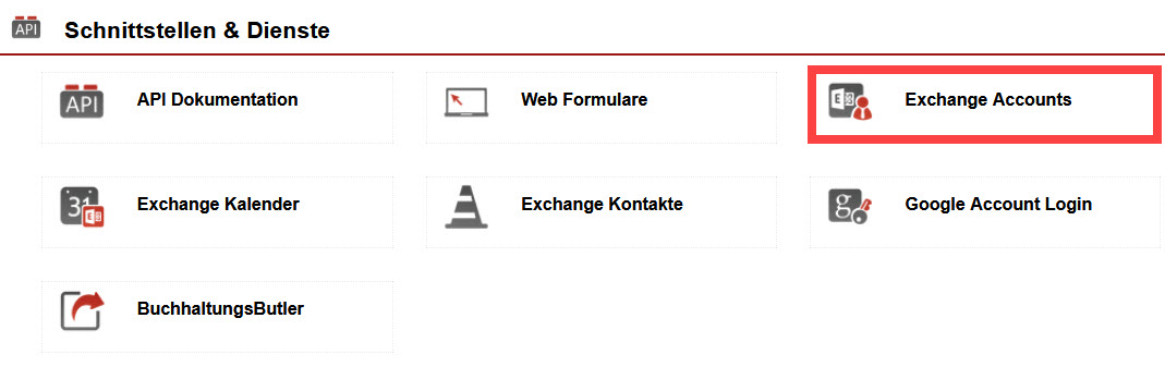 Screenshot geöffneter Einstellungsbereich "Schnittstellen & Dienste" mit markiertem Punkt "Exchange Accounts"