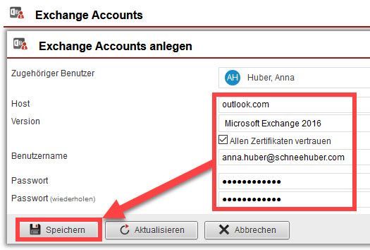 Screenshot geöffneter Anlagebereich für einen Microsoft Exchange-Account mit markierten Eingabefeldern.