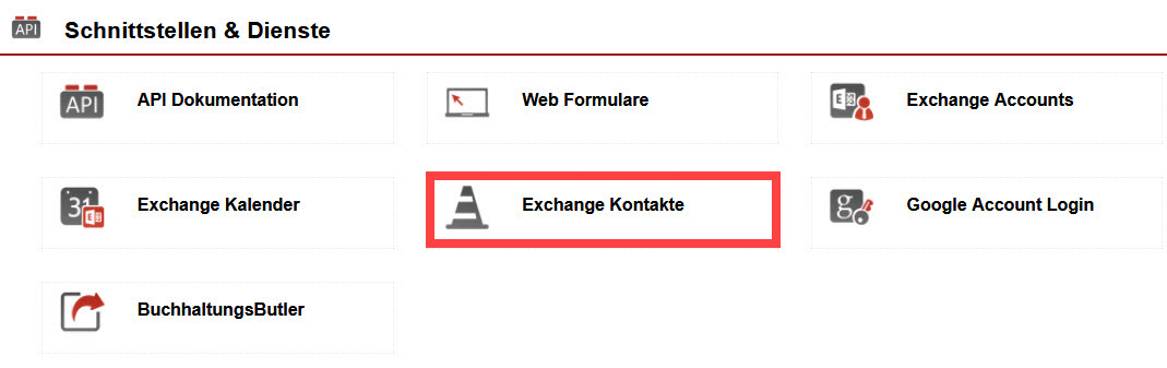 Screenshot geöffneter Einstellungsbereich "Schnittstellen & Dienste" mit markiertem Punkt "Exchange Kontakte"