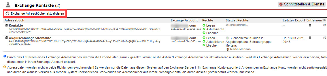 Screenshot geöffneter Einstellungsbereich der "Exchange Kontakte" mit markierter Funktion "Exchange-Adressbücher aktualisieren"