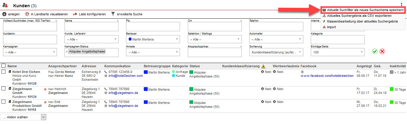 Screenshot geöffnete Kundenübersicht mit markierter Option "Aktuelle Suchfilter als neues Suchschema speichern"