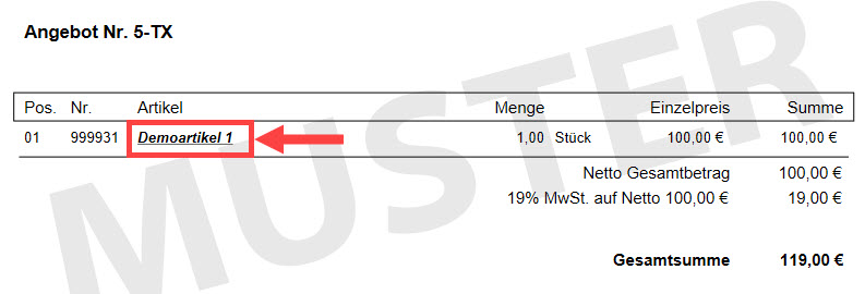 Screenshot geöffneter Angebotsbeleg mit markierter formatierter Artikelbezeichnung