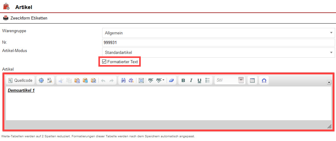 Screenshot geöffneter Bearbeitungsbereich eines Artikels mit markierter Option "Formatierter Text"