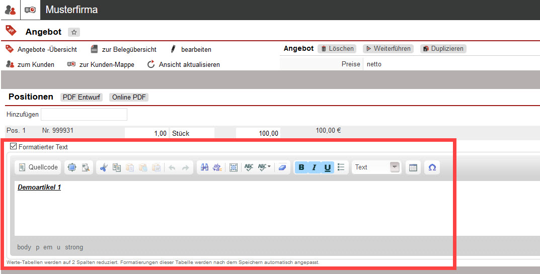 Screenshot geöffnetes Angebot mit markierter Option "Formatierter Text" bei den Belegpositionen