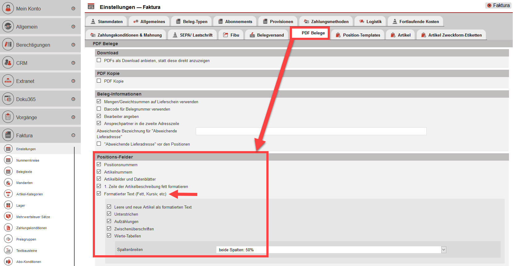 Screenshot geöffneter Faktura-Einstellungsbereich mit markierten Optionen für Positionsfelder