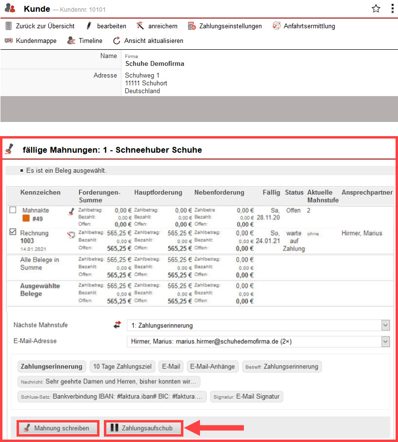 Screenshot geöffneter Kundendatensatz mit markiertem Bereich „fällige Mahnungen“