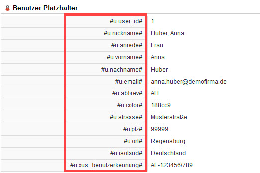 Screenshot der Benutzer-Platzhalter im geöffneten Anlagebereich eines Buttons im Extranet