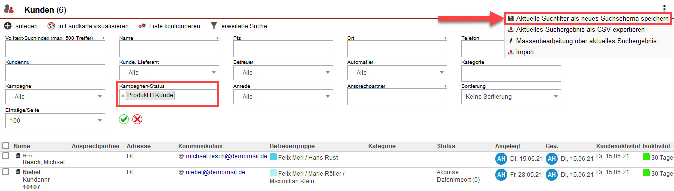 Screenshot geöffnete Kundensuche mit markierter Filterung und Option zur Anlage eines Suchschemas