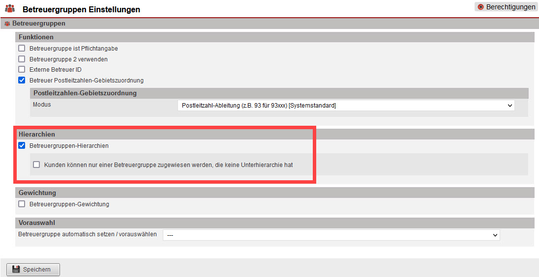 Screenshot geöffneter Einstellungsbereich „Betreuergruppen Einstellungen“ mit markierter Option "Betreuergruppen-Hierarchien"