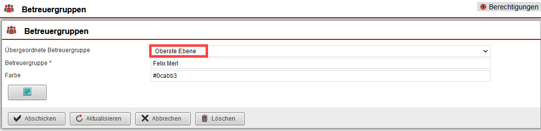 Screenshot geöffneter Anlagebereich einer Betreuergruppe als oberste Ebene der Hierarchie