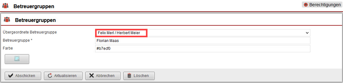 Screenshot geöffneter Anlagebereich einer Betreuergruppe als dritte Ebene der Hierarchie