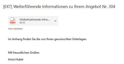 Screenshot geöffnete E-Mail mit Text aus einer Textvorlage