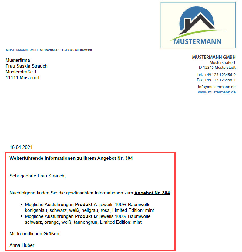 Screenshot geöffneter Anhang der E-Mail mit markiertem Nachrichtentext