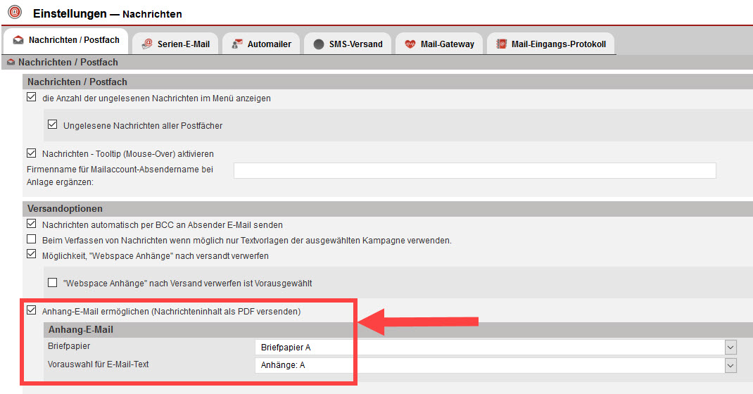 Screenshot geöffneter Einstellungsbereich „Nachrichten“ mit markierter Option „Anhang-E-Mail ermöglichen (Nachrichteninhalt als PDF versenden)“