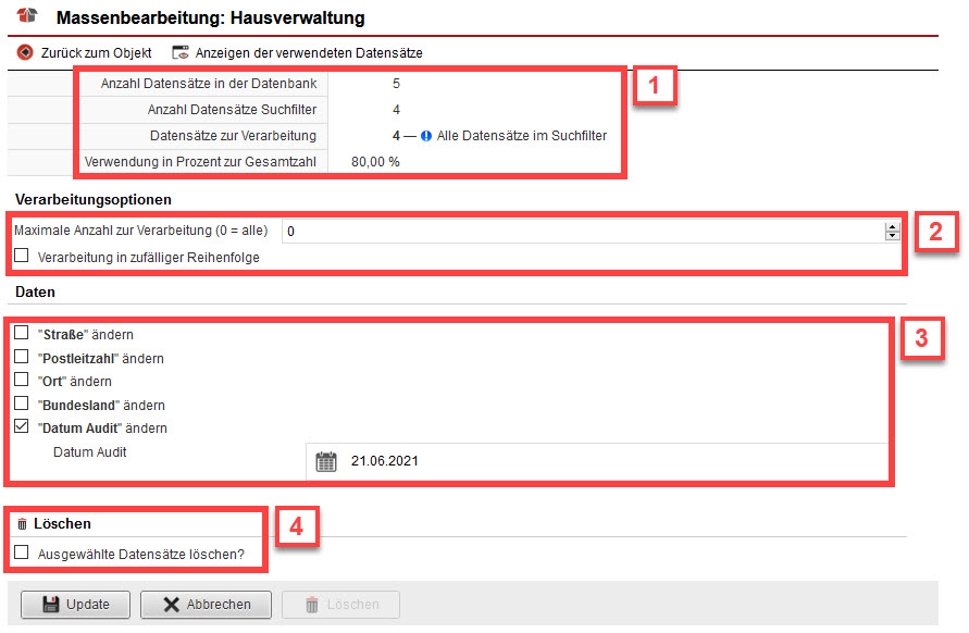 Screenshot geöffnete Maske der Massenbearbeitung mit markierten Informationen und Bearbeitungsoptionen