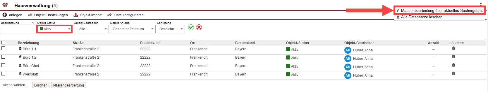 Screenshot Objekt-Liste mit markierter Option "Massenbearbeitung über aktuelles Suchergebnis" im Drei-Punkte-Menü