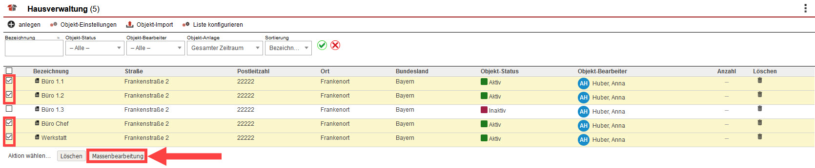 Screenshot Objekt-Liste mit markierter Option "Massenbearbeitung"