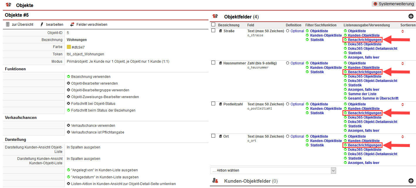 Screenshot geöffnetes Objekt innerhalb der Objekt-Einstellungen mit markierter Option "Benachrichtigung" bei den Objektfeldern.