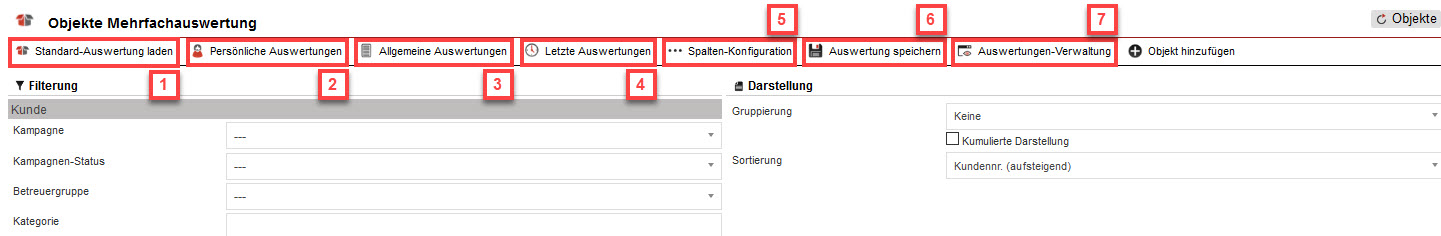 Screenshot geöffnete Objekt-Statistik "Objekte Mehrfachauswertung" mit markierten Funktionen