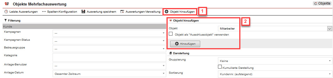 Screenshot geöffnete Objekt-Statistik "Objekte Mehrfachauswertung" mit markiertem Bereich zum Hinzufügen eines Objekts