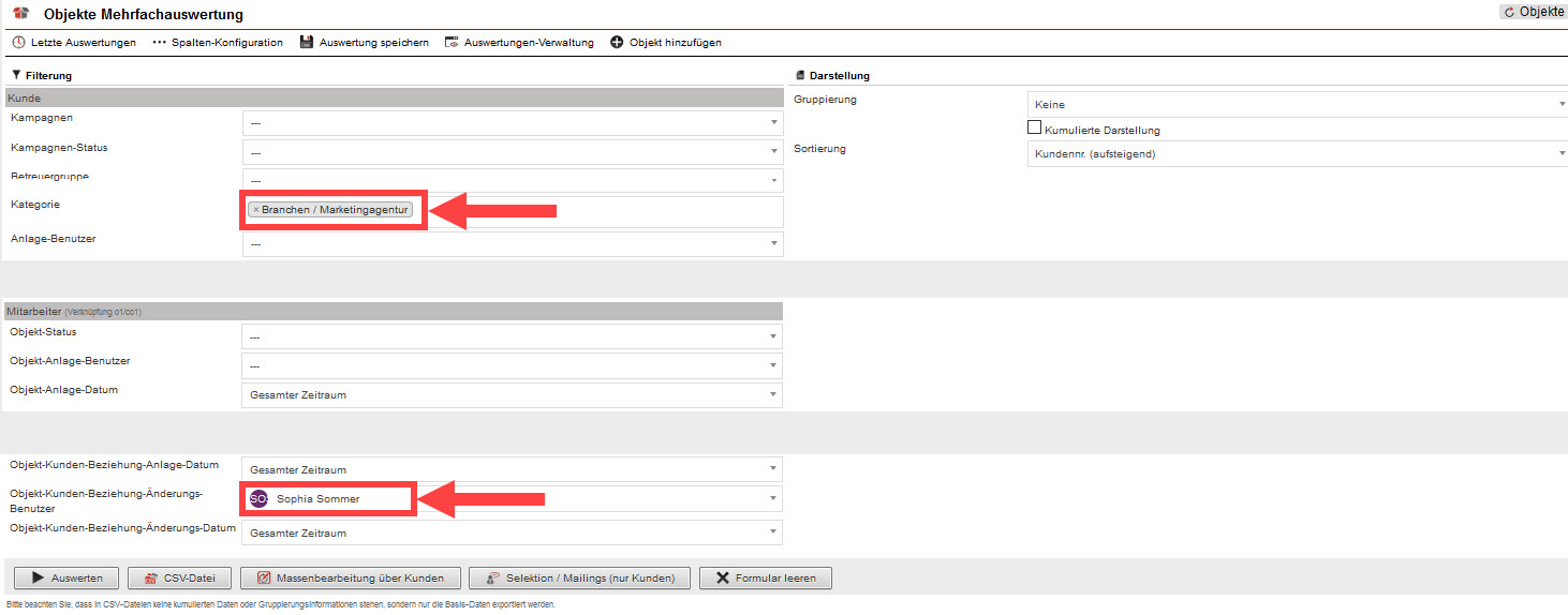 Screenshot geöffnete Objekt-Statistik "Objekte Mehrfachauswertung" mit markierten Filtereingaben