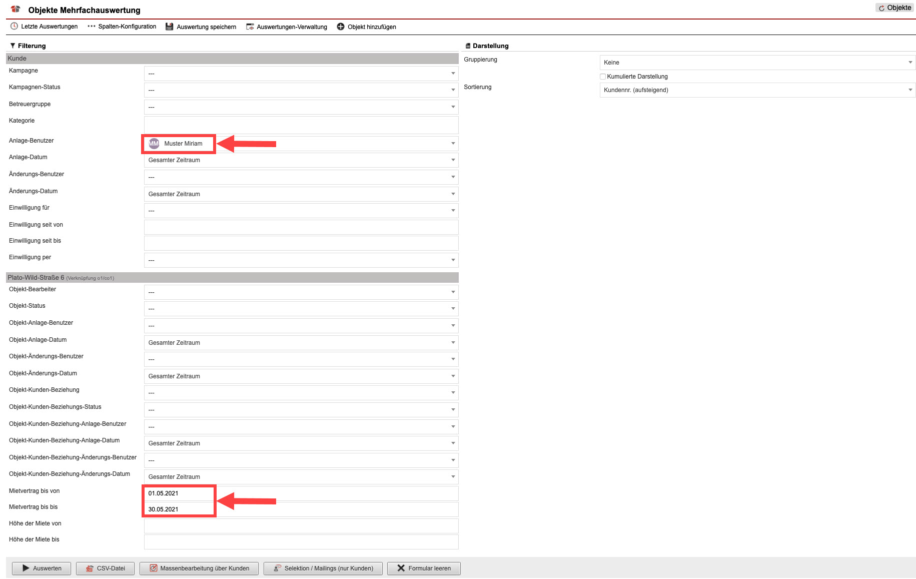 Screenshot geöffnete Objekt-Statistik "Objekte Mehrfachauswertung" mit markierten Filtereingaben