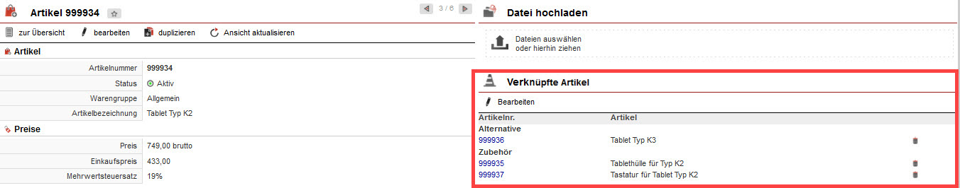 Screenshot geöffnete Artikelverwaltung mit markiertem Bereich „Verknüpfte Artikel“